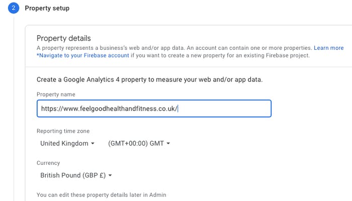 Website property details page on setting up a Google analytics page
