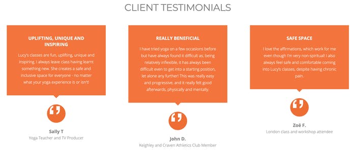 lucyoga client testimonials on her website