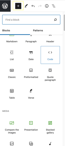 WordPress add button. Code block selected.
