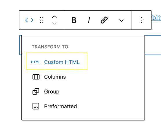 Code block editor. Custom HTML selected.