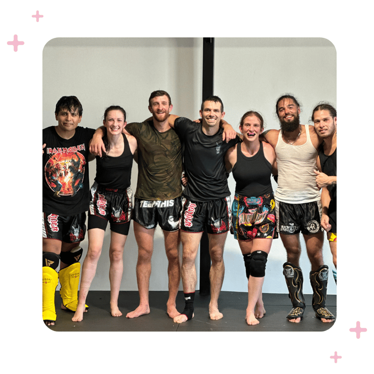 Group posing after a tough Muay Thai training session at the Left Hand gym