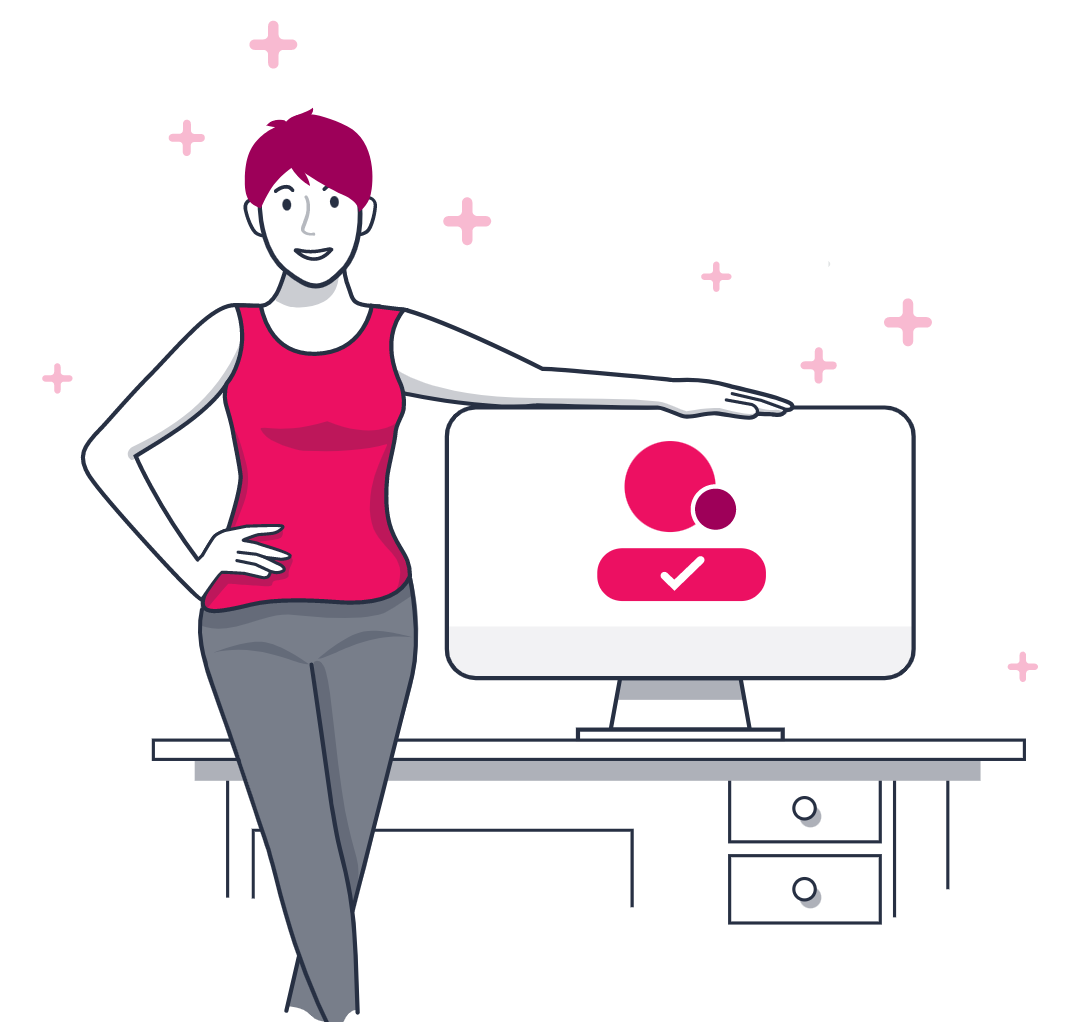An illustration of a woman in workout gear with a computer.