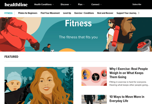 The Healthline fitness blog's homepage