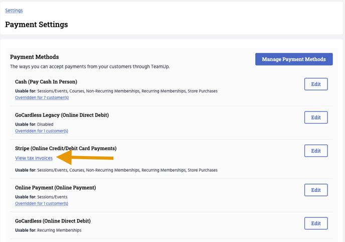 Stripe view tax invoices