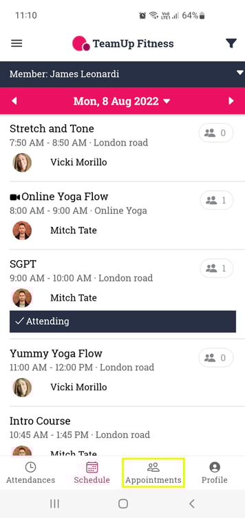 TeamUp members booking app with appointments highlighted