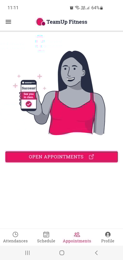 TeamUp members booking app, appointments tab open, button to open appointments displayed