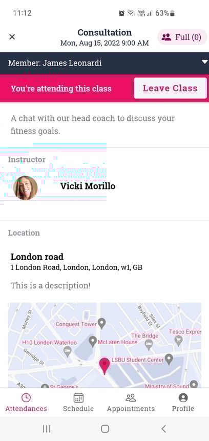 TeamUp members booking app, leave class button highlighted. 