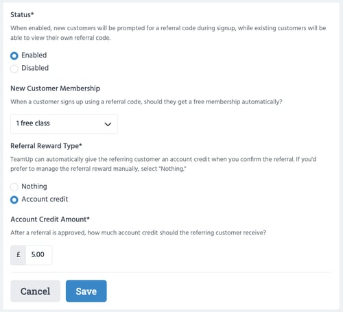 customer referral program settings