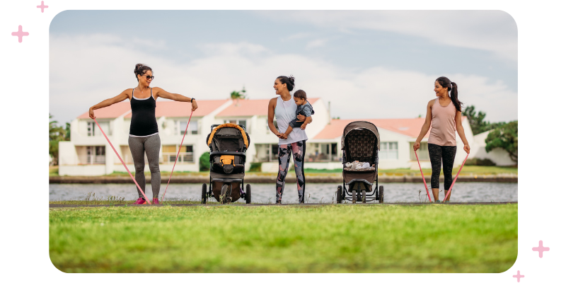 3 young moms with babies doing exercise outdoors