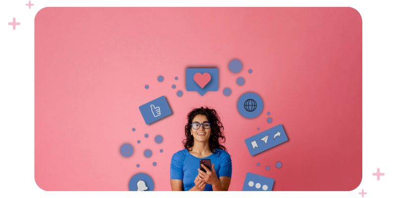A woman holding a phone, surrounded by likes, hearts and other social-related icons.