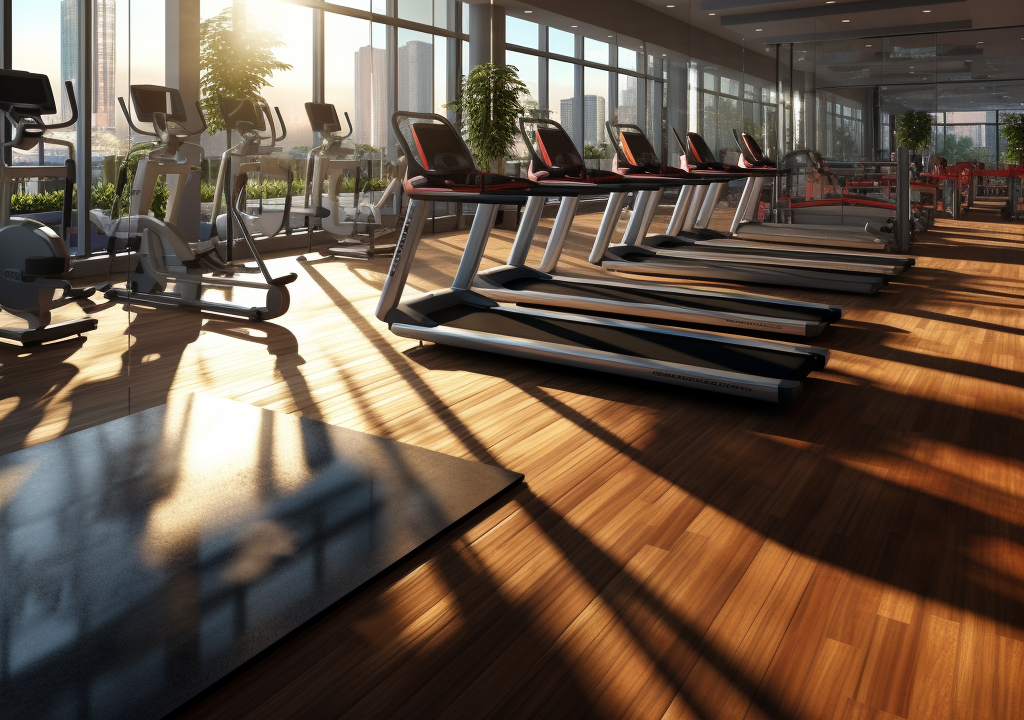Cardio machines in a large gym space.