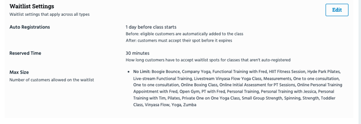 A waitlist in TeamUp's Pilates studio software