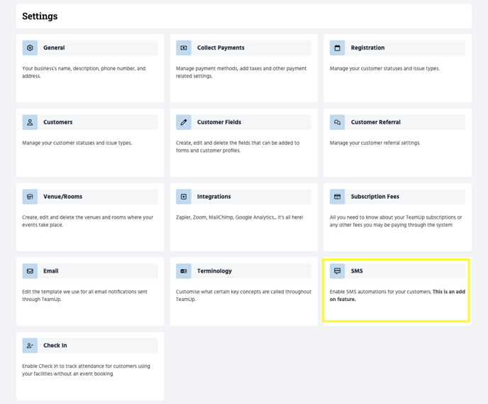 The Integrations page in TeamUp, with the SMS feature highlighted.