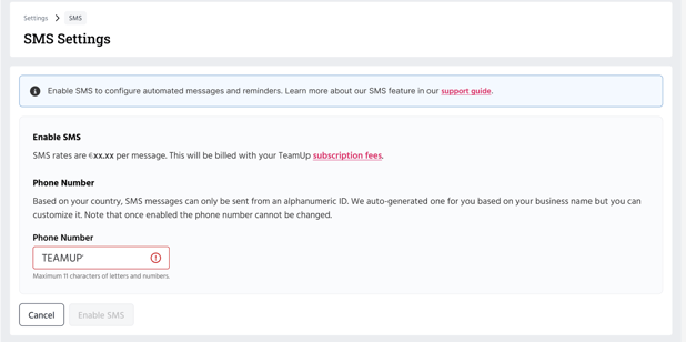 Alphanumeric SMS settings in TeamUp