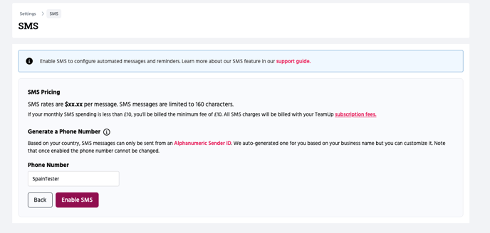 Enabling the SMS feature in TeamUp.
