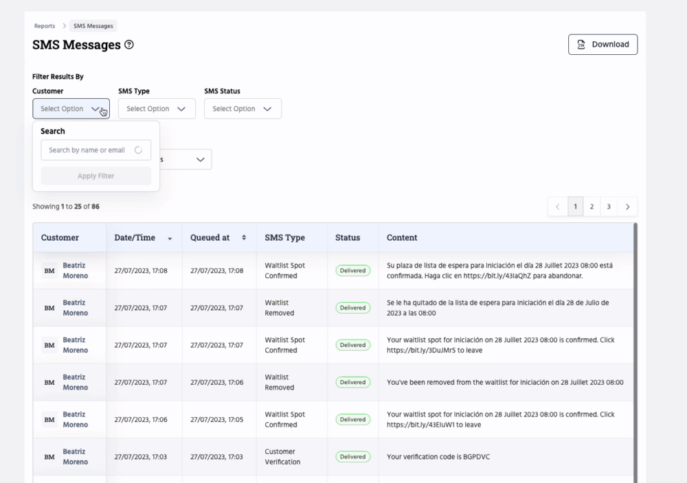 SMS report filters.