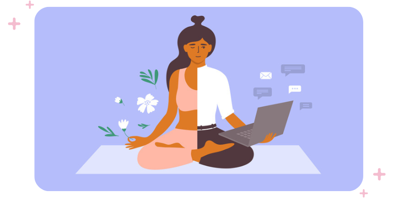 An illustration of a woman doing yoga and holding a laptop.