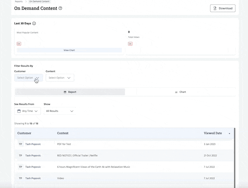 Using the On demand content report filters to search by customer or by content item
