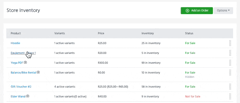 Store inventory - drag and drop selection shown