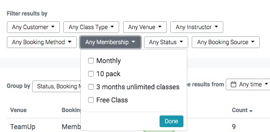 Image shows "Filter results by" and drop down menus: "any customer," "any class type," "any venue," "any instructor," "any booking method," "any membership," "any status," and "any booking source