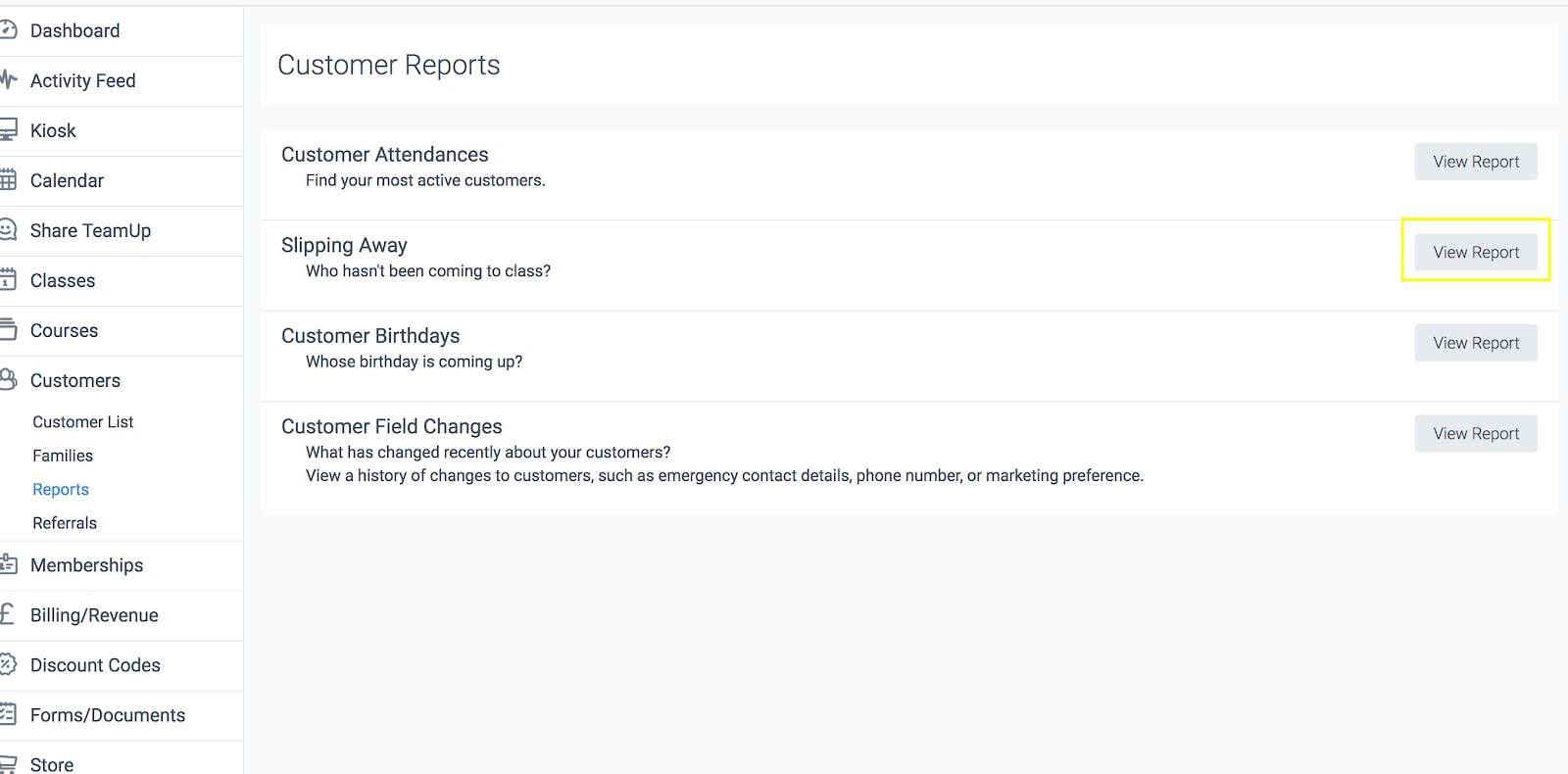 Image shows screenshot of Report option. "Show Report" is highlighted next to "Who hasn't been coming to class."