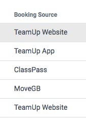 Image shows a list of booking sources: two from TeamUp Website, one each from TeamUp App, ClassPass, and MoveGM