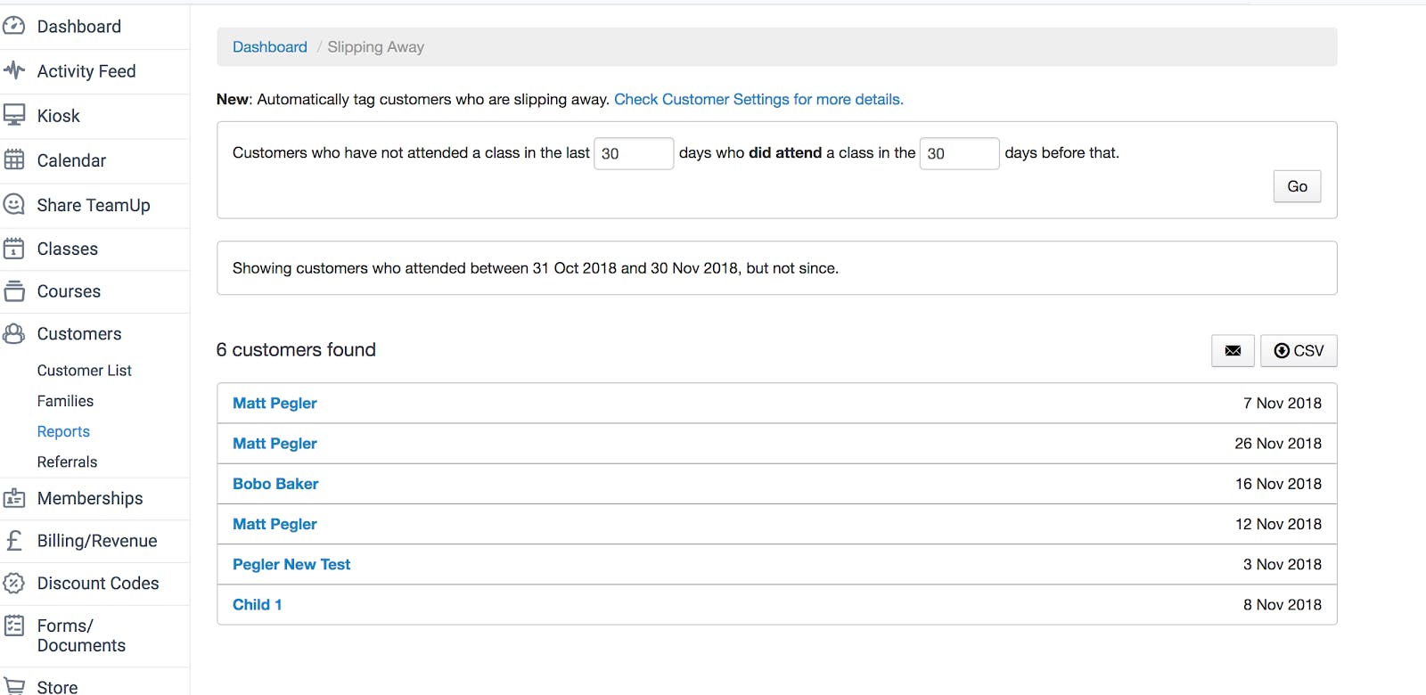 Image shows screenshot of a customers list. The list is titled "Showing customers who attended between 31 Oct 2018 and 30 Nov 2018, but not since."