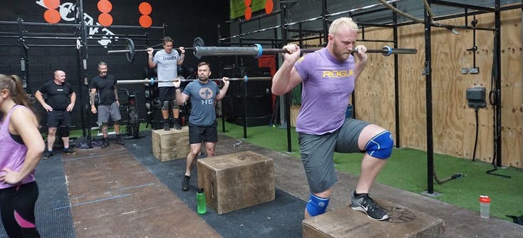 A CrossFit workout in progress in a CrossFit box