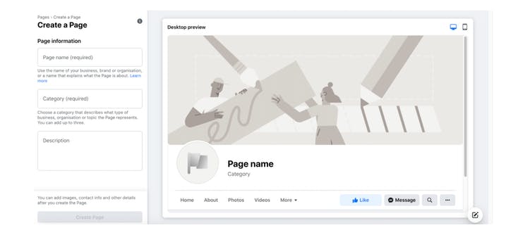 The "Create a Page" page on Facebook