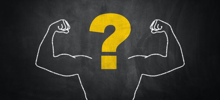 Gym management questions stylised image with a chalk board picture of muscled body and question mark for head