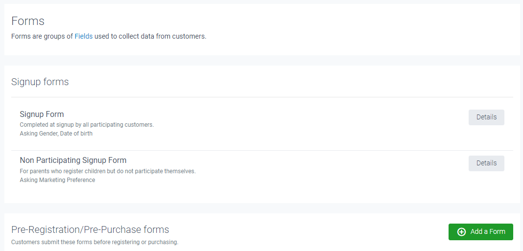 Forms page displaying the 2 sign up forms