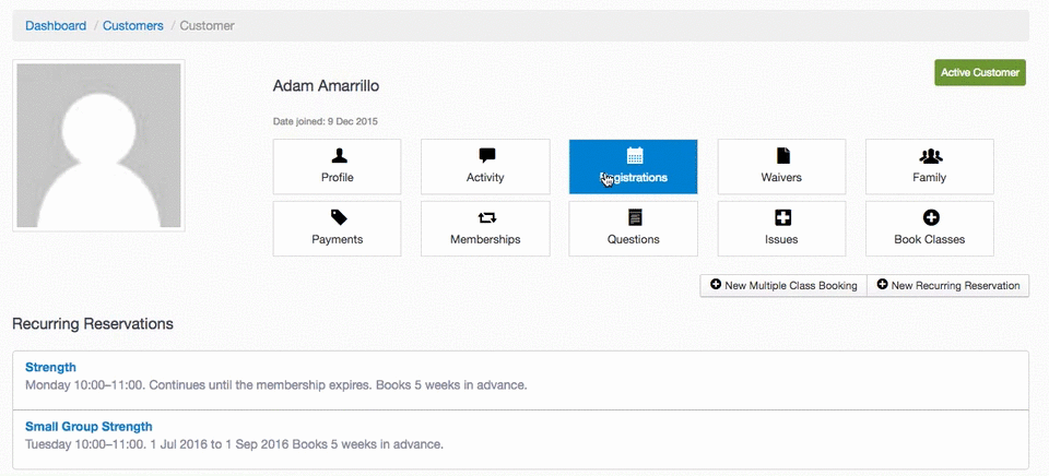 Manage recurring reservations from the customer profile