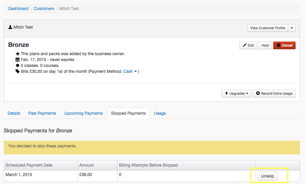 Membership detail page displaying skipped payments, unskip button highlighted
