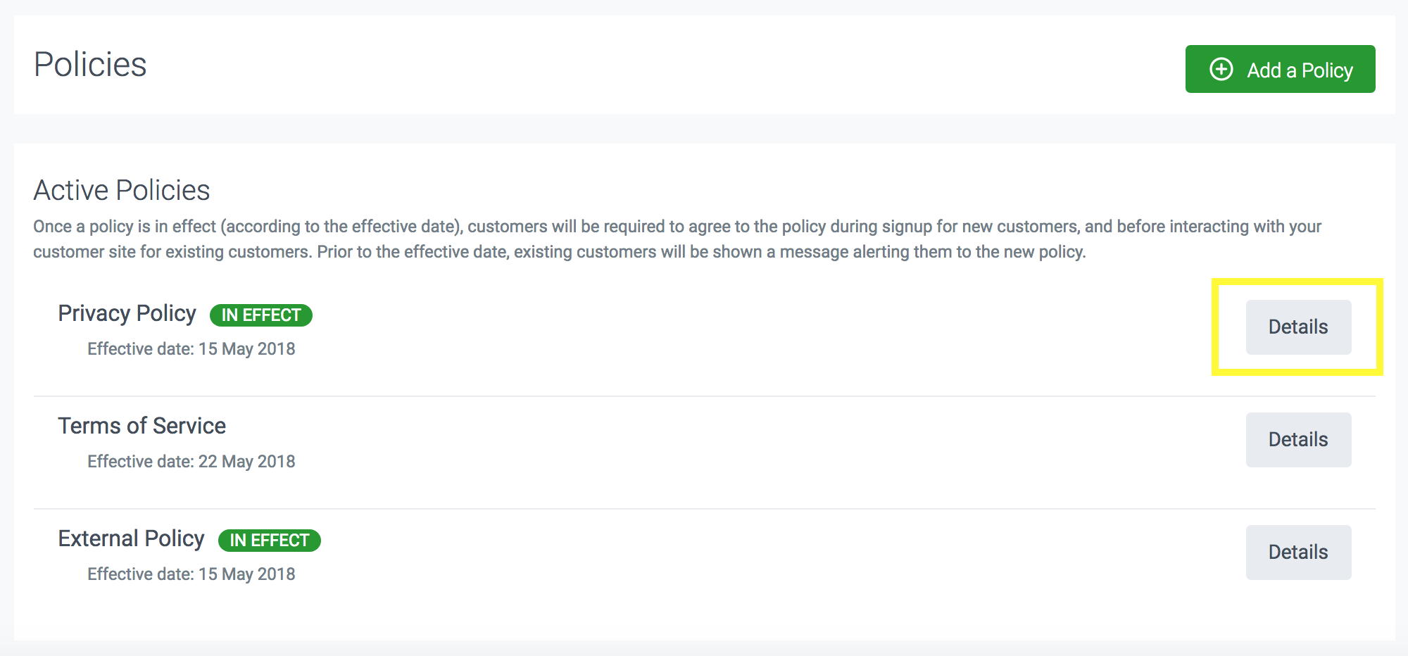 Policies page with details button highlighted