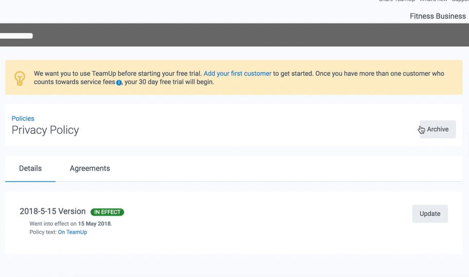 Policies page, archive button selected