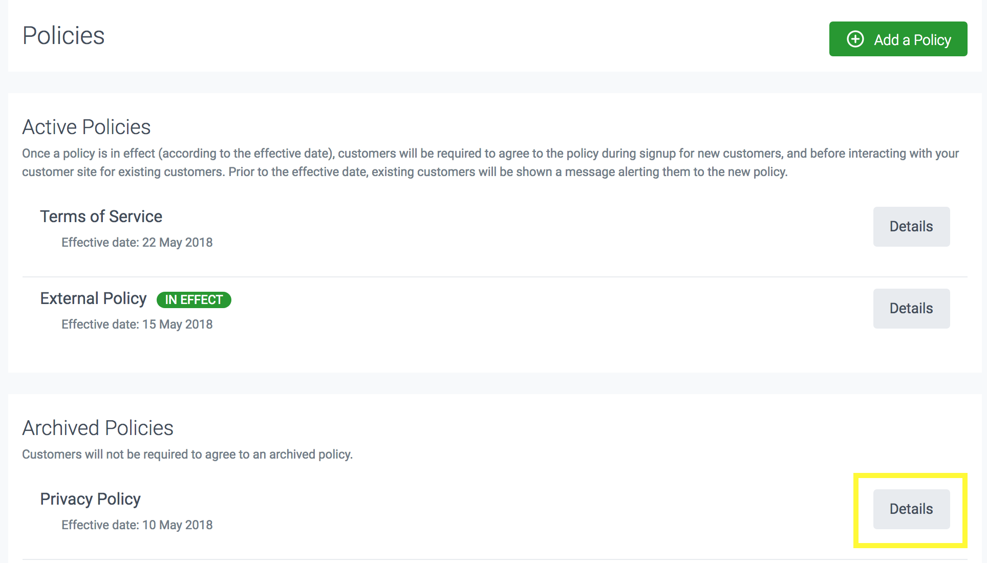 Archived policies page with details button highlighted