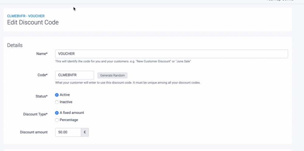 TeamUp discount code edit page.