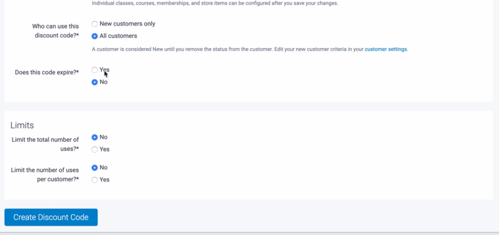 TeamUp discount code validity settings.