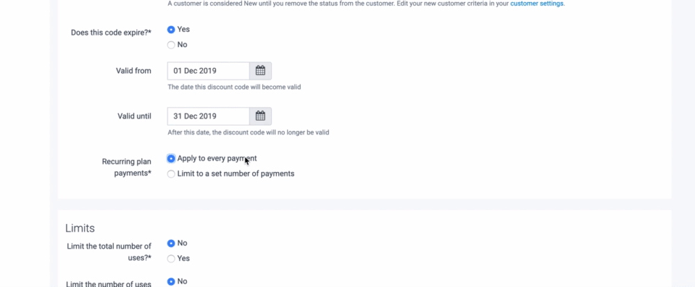 TeamUp discount code recurring plan settings.