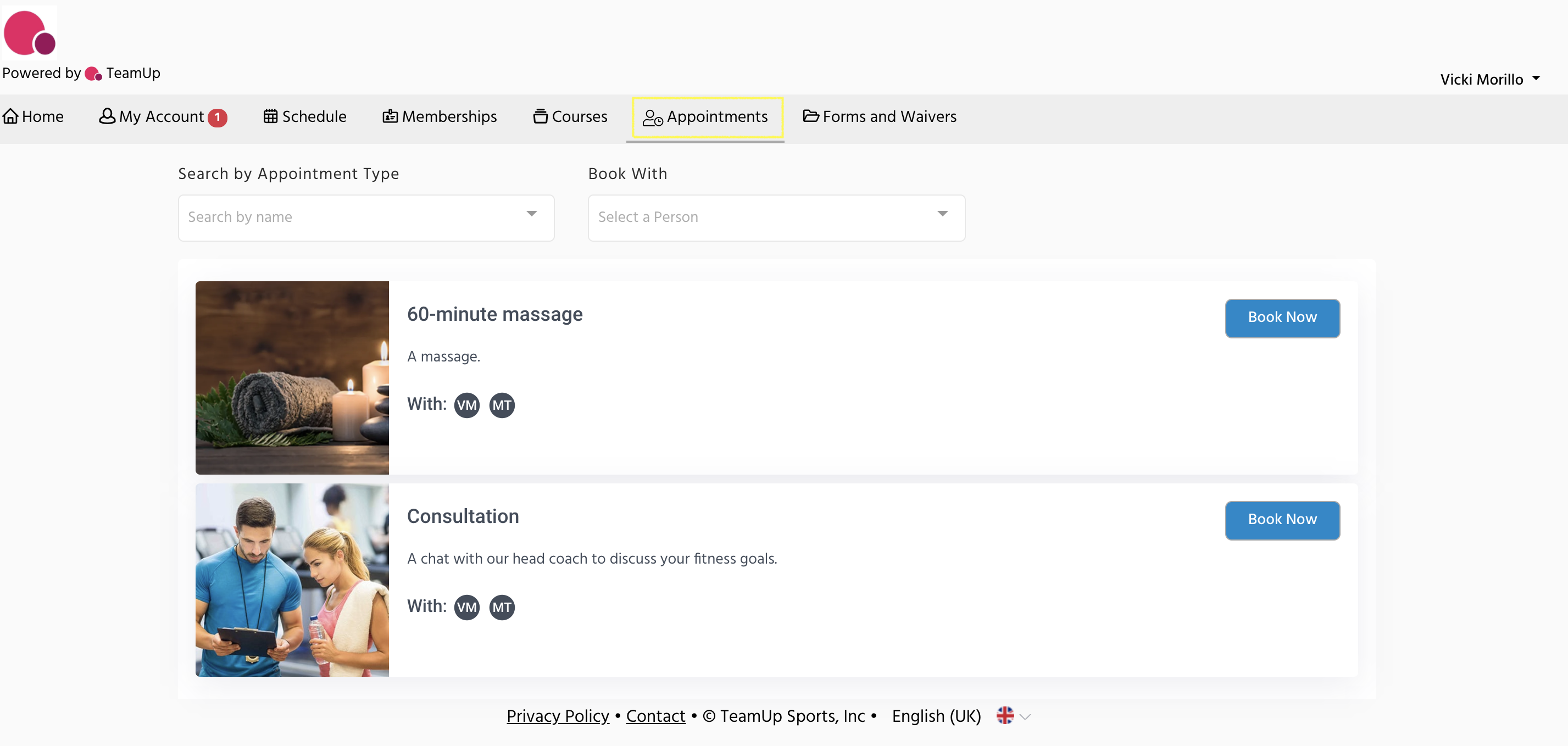 Customer site with Appointments tab highlighted