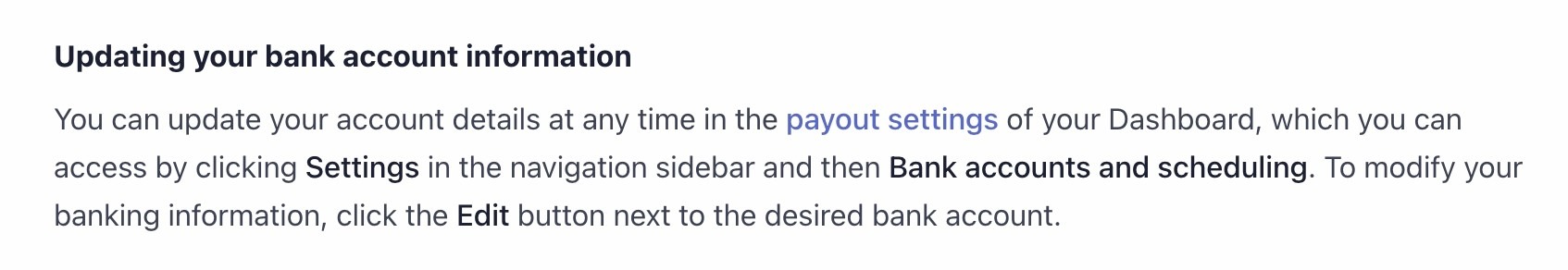 Updating bank account information Stripe explanation 