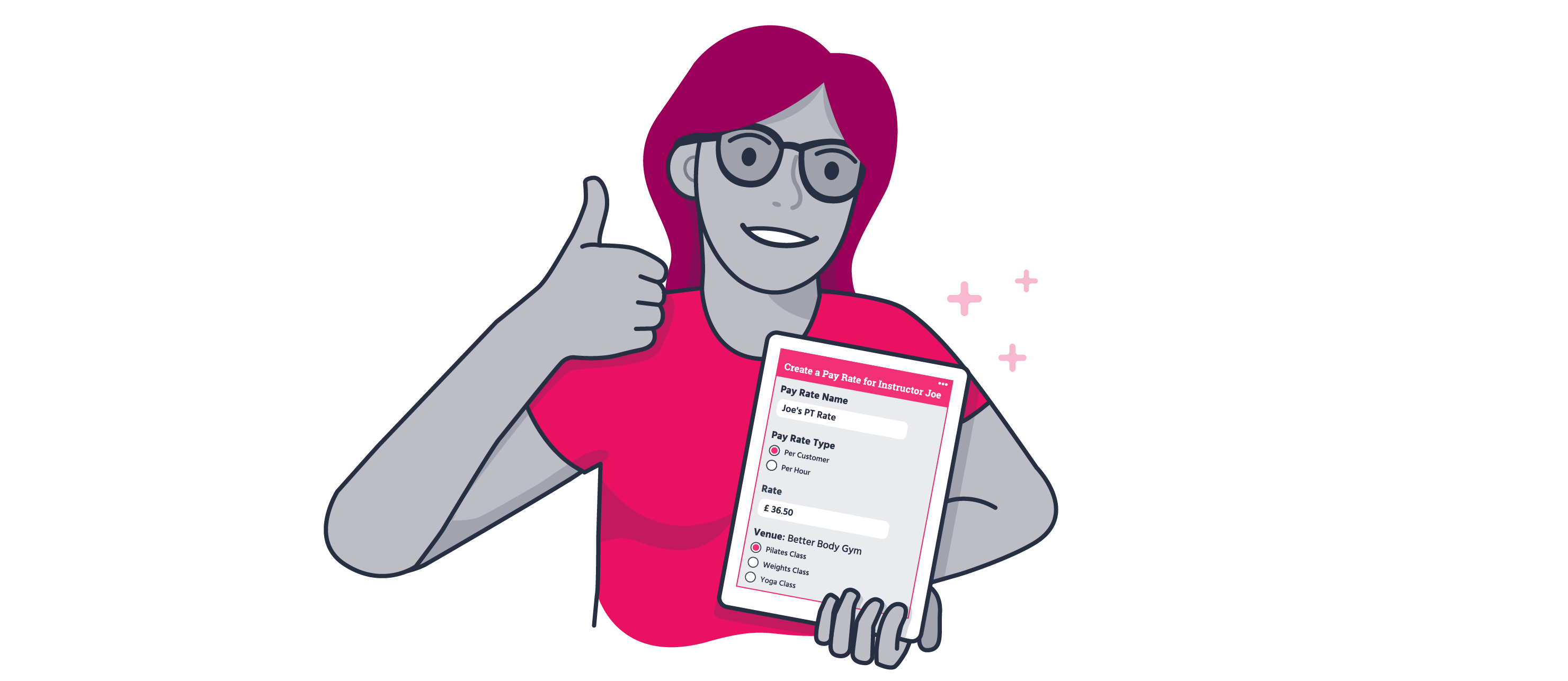 An illustration of a woman holding a table showing Pay Rates and doing a thumbs up.