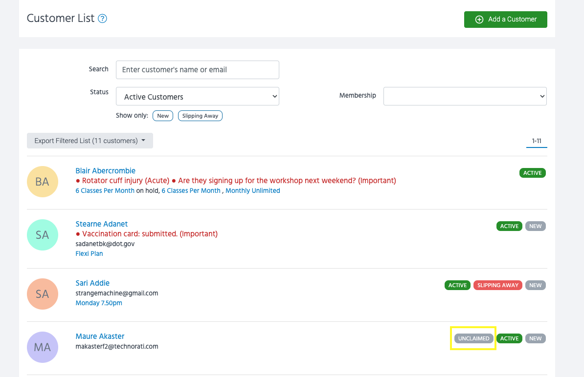 The TeamUp customer list, with a customer whose account is unclaimed highlighted with a yellow box, to illustrate the difference between unclaimed and claimed.