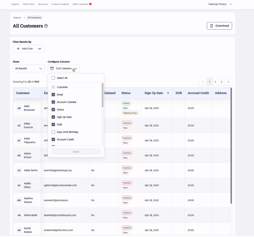 How to configure the columns of the All Customers report.