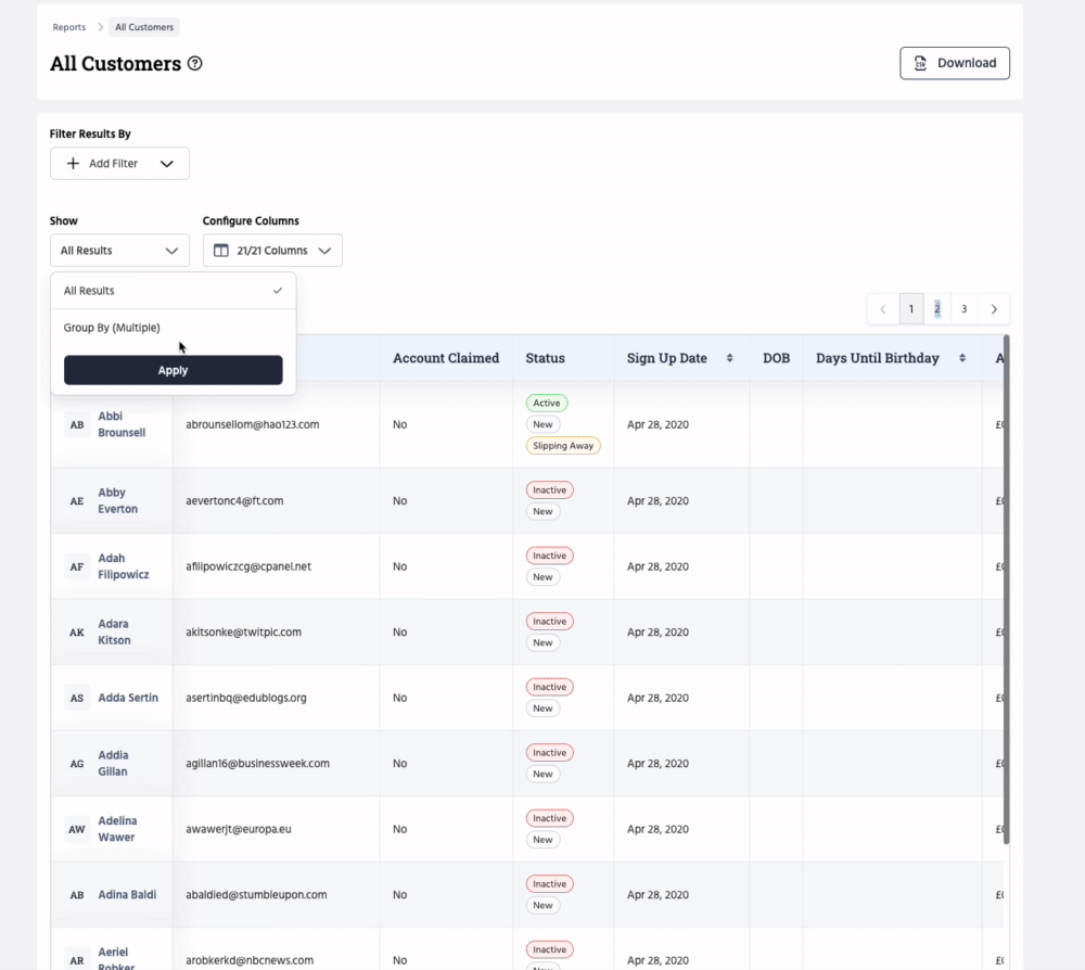 How to group by gender in the All Customers report.