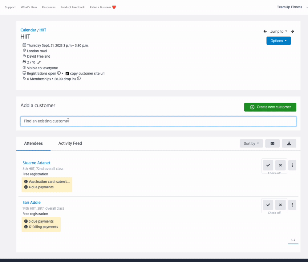 Viewing a blocked customer upo n customer add on the class detail page in TeamUp.