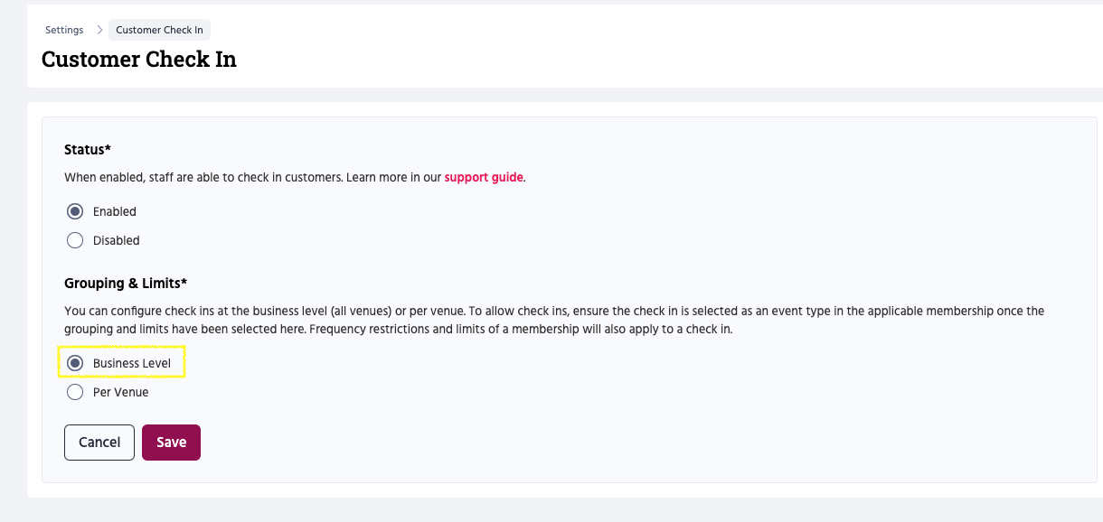 How to enable check ins on the business level.