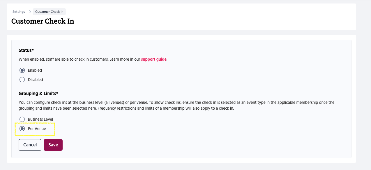 How to enable check ins on a per venue level.