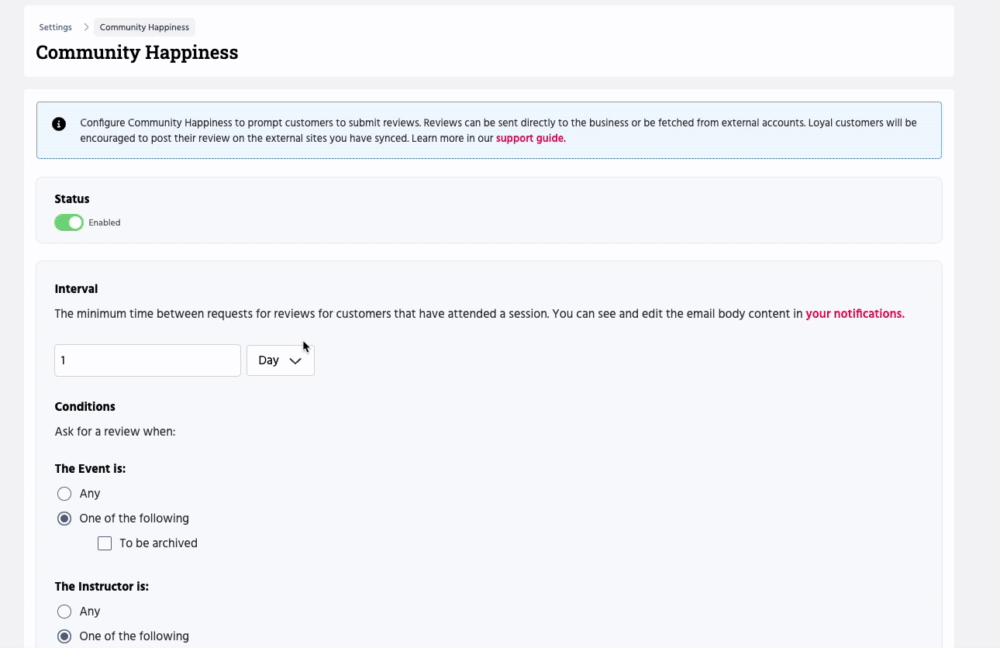 Setting intervals for Community Happiness emails.