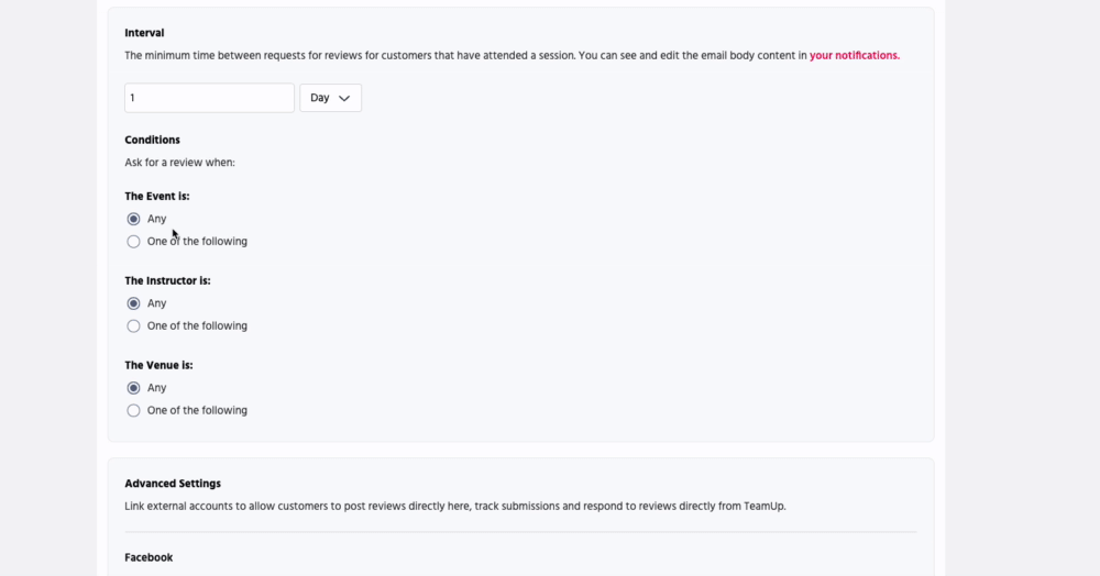 Community Happiness settings page; conditions select form.